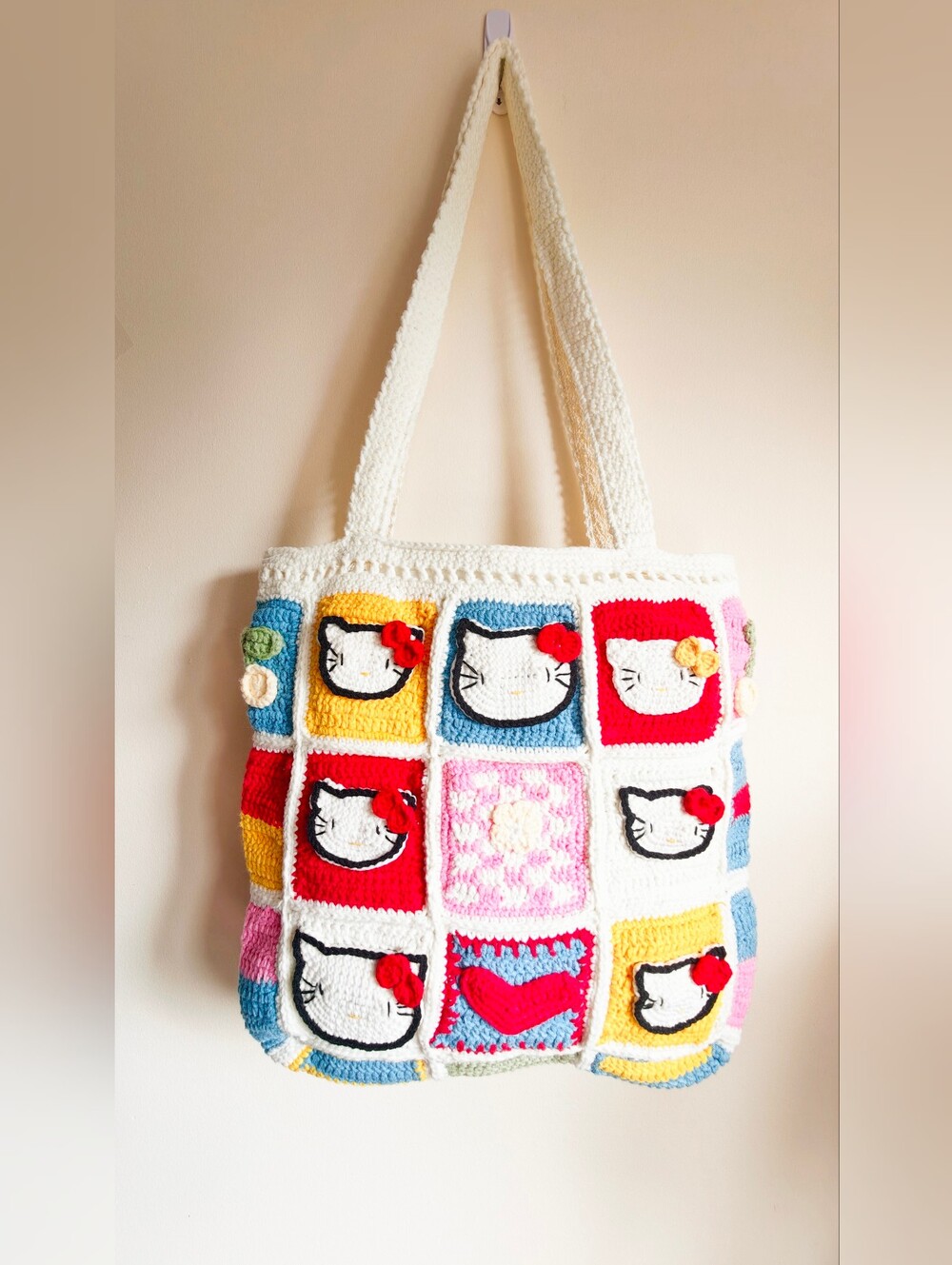 Handmade Crochet Cat Patchwork Tote Bag,Boho Shoulder Bag